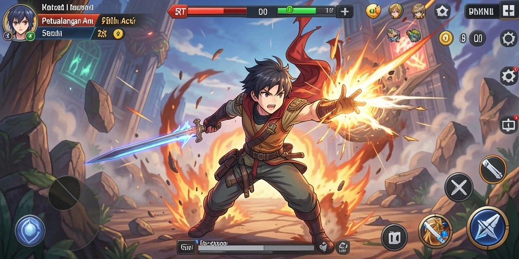 Tangkapan layar permainan 5RT menampilkan aksi anime yang mendebarkan.