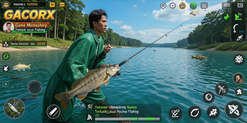 Tampilan gameplay GACORX saat memancing ikan di laut.