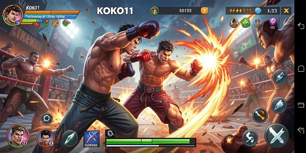 Tampilan gameplay KOKO11 saat pertarungan antar karakter.
