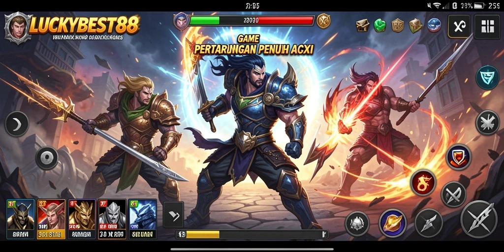 Screenshot gameplay LUCKYBEST88 menunjukkan aksi pertarungan yang intens.