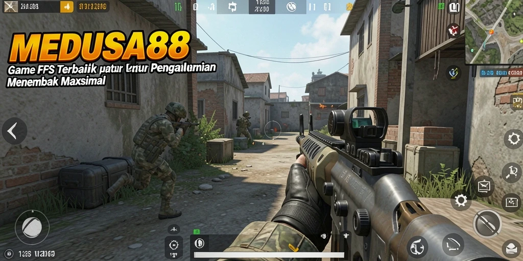 Tangkapan layar gameplay <strong>MEDUSA88</strong> yang menampilkan aksi menembak yang intens.