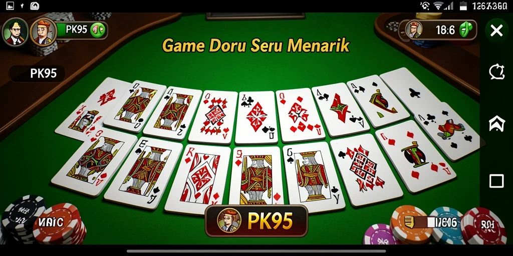 Screenshot utama PK95 menampilkan suasana bermain Domino yang seru.