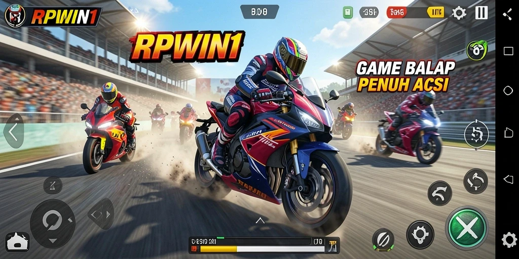 Screenshot utama RPWIN1 menampilkan aksi balap motor yang intens.