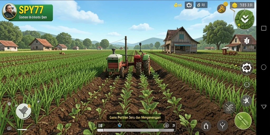Tampilan gameplay SPY77 yang menampilkan kebun dan hewan ternak.